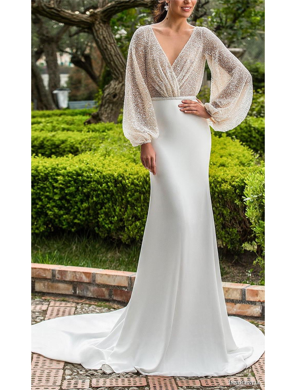Wholesale Formal Wedding Dresses Mermaid / Trumpet V Neck Long Sleeve Sweep / Brush Train Sequined Bridal Gowns With Beading Solid Color