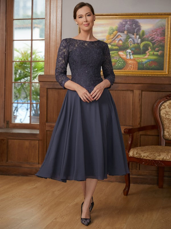 Wholesale A-Line/Princess Chiffon Lace Scoop 3/4 Sleeves Tea-Length Mother of the Bride Dresses