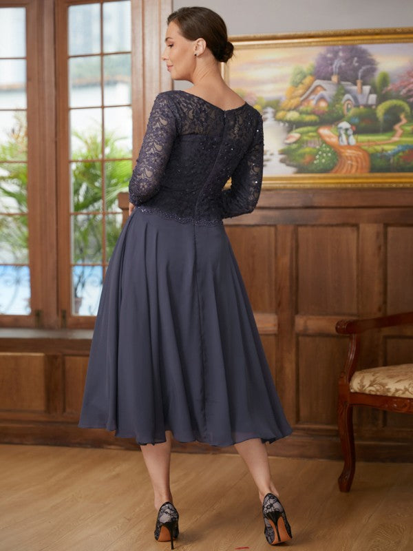 Wholesale A-Line/Princess Chiffon Lace Scoop 3/4 Sleeves Tea-Length Mother of the Bride Dresses
