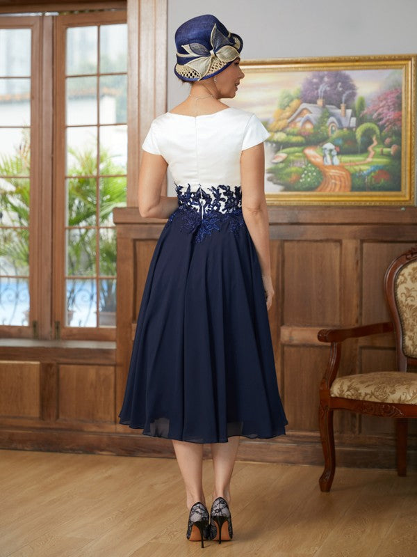Wholesale A-Line/Princess Chiffon Applique V-neck Short Sleeves Tea-Length Mother of the Bride Dresses