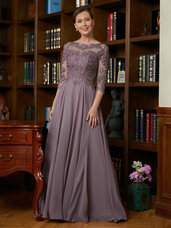 Wholesale A-Line/Princess Chiffon Lace Scoop 3/4 Sleeves Floor-Length Mother of the Bride Dresses
