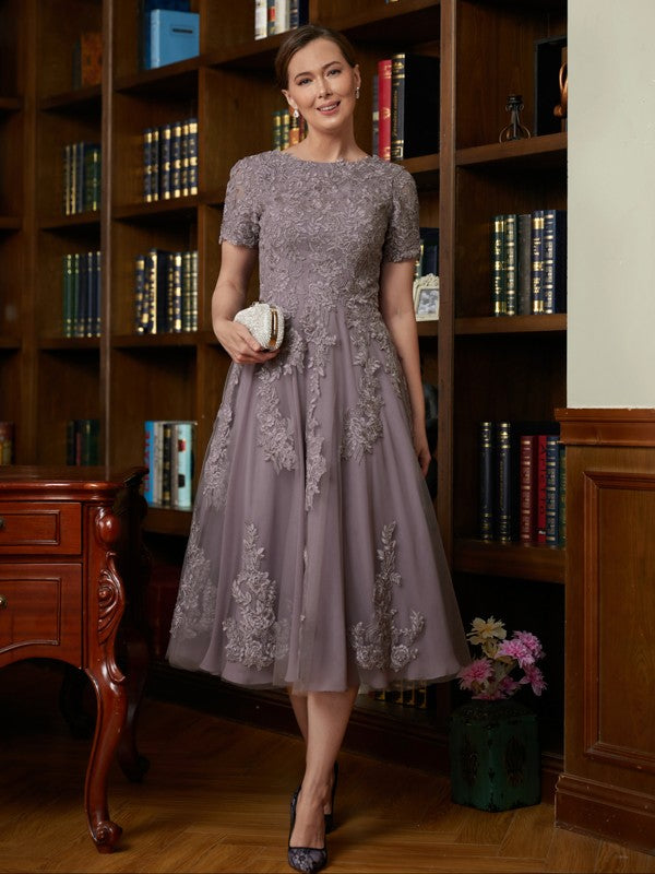 Wholesale A-Line/Princess Chiffon Lace Scoop Short Sleeves Tea-Length Mother of the Bride Dresses