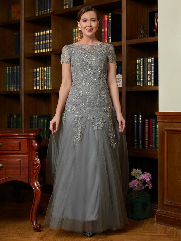 Wholesale A-Line/Princess Tulle Lace Scoop Short Sleeves Floor-Length Mother of the Bride Dresses