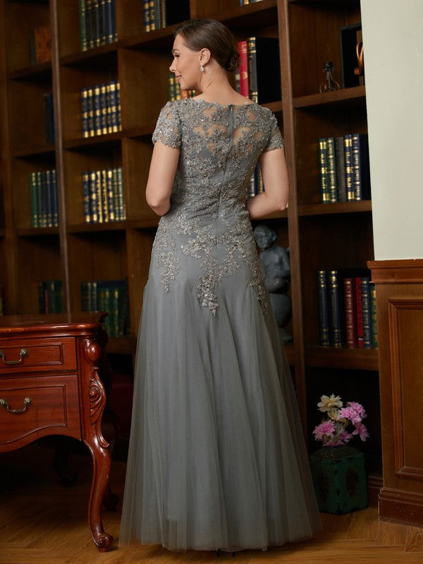 Wholesale A-Line/Princess Tulle Lace Scoop Short Sleeves Floor-Length Mother of the Bride Dresses