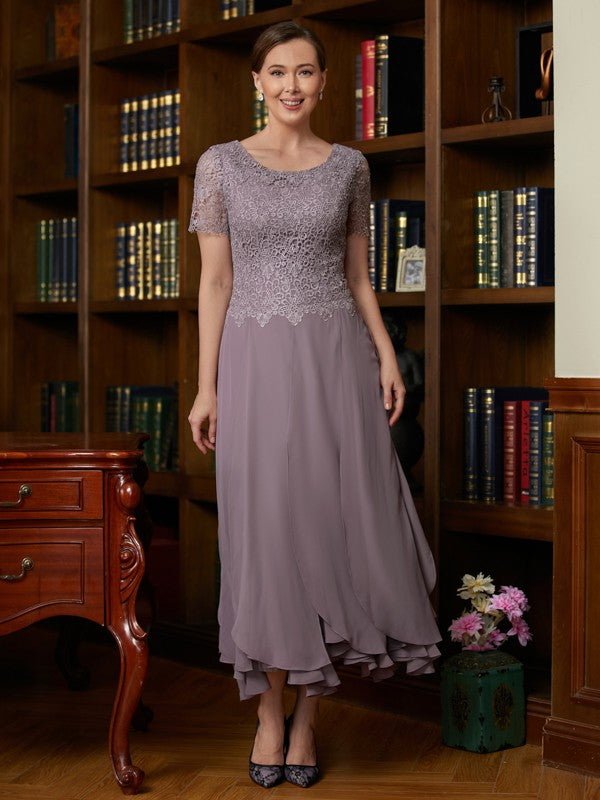 Wholesale A-Line/Princess Chiffon Lace Scoop Short Sleeves Ankle-Length Mother of the Bride Dresses