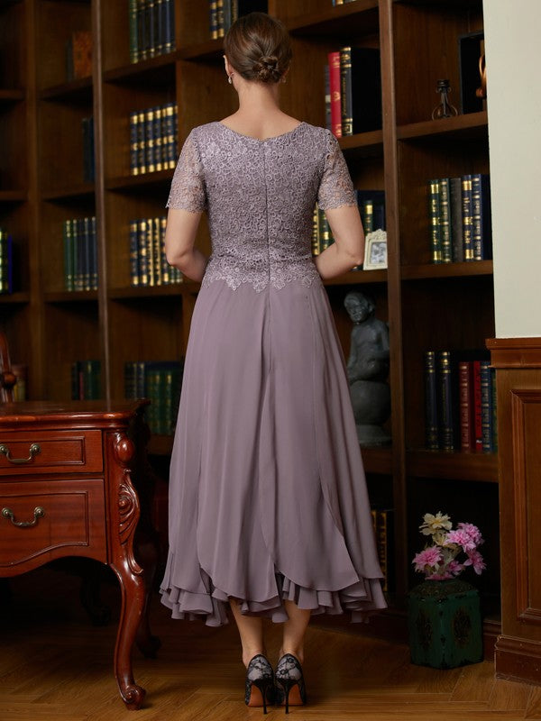 Wholesale A-Line/Princess Chiffon Lace Scoop Short Sleeves Ankle-Length Mother of the Bride Dresses