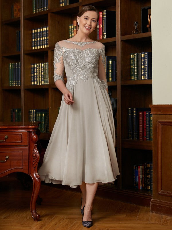 Wholesale A-Line/Princess Chiffon Lace Scoop 3/4 Sleeves Tea-Length Mother of the Bride Dresses