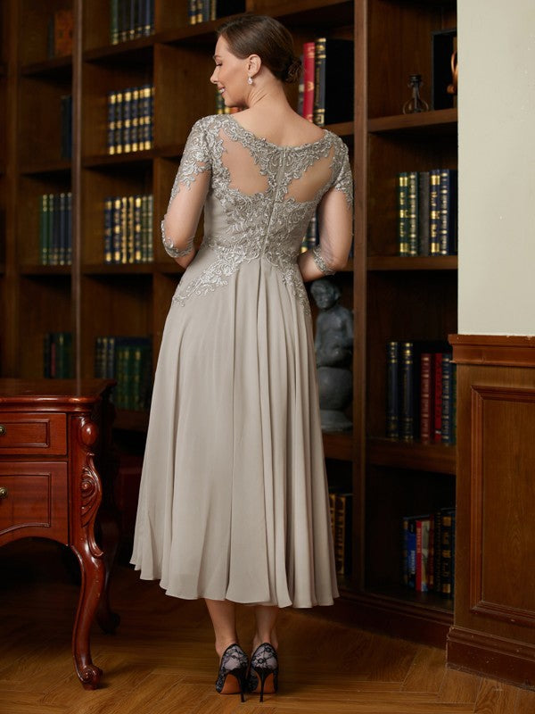 Wholesale A-Line/Princess Chiffon Lace Scoop 3/4 Sleeves Tea-Length Mother of the Bride Dresses