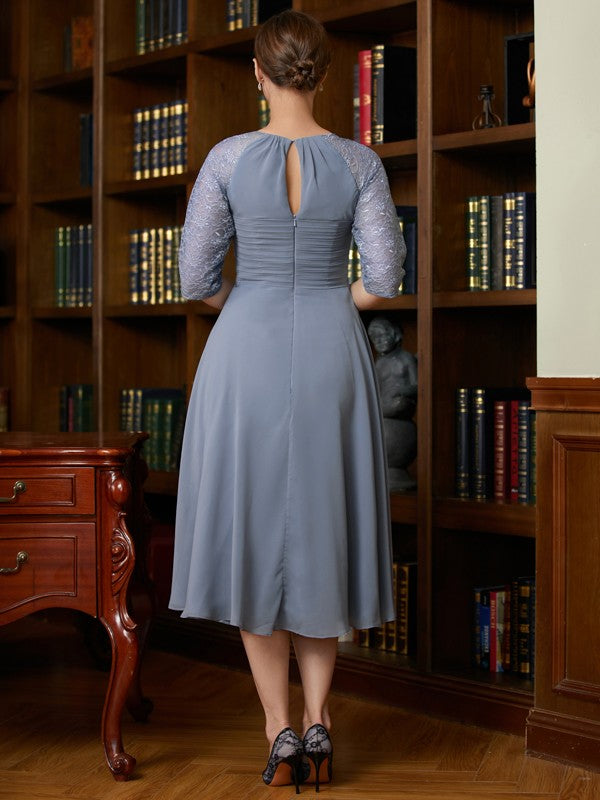 Wholesale A-Line/Princess Chiffon Lace Scoop 1/2 Sleeves Tea-Length Mother of the Bride Dresses