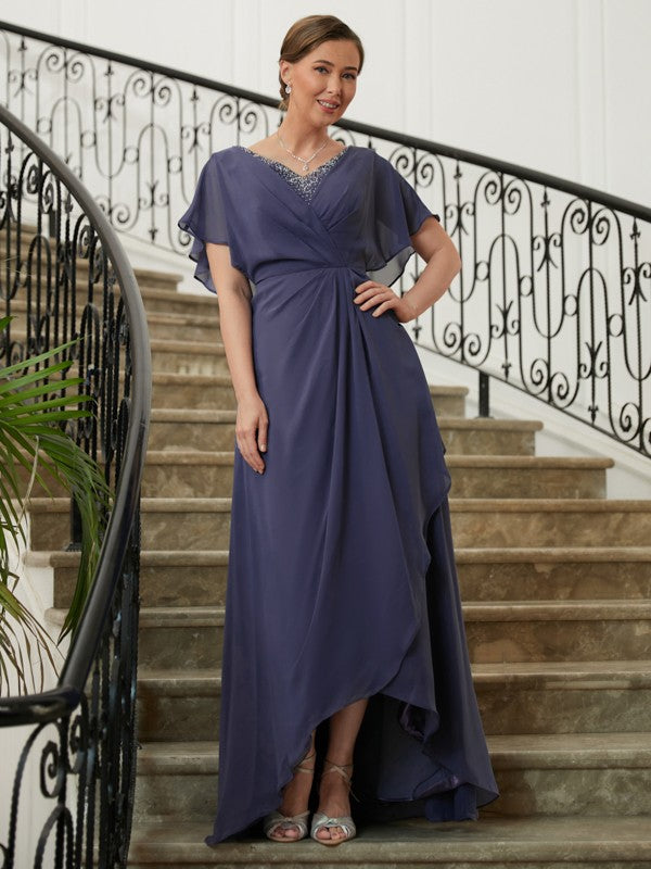 Wholesale A-Line/Princess Chiffon Beading V-neck Short Sleeves Asymmetrical Mother of the Bride Dresses