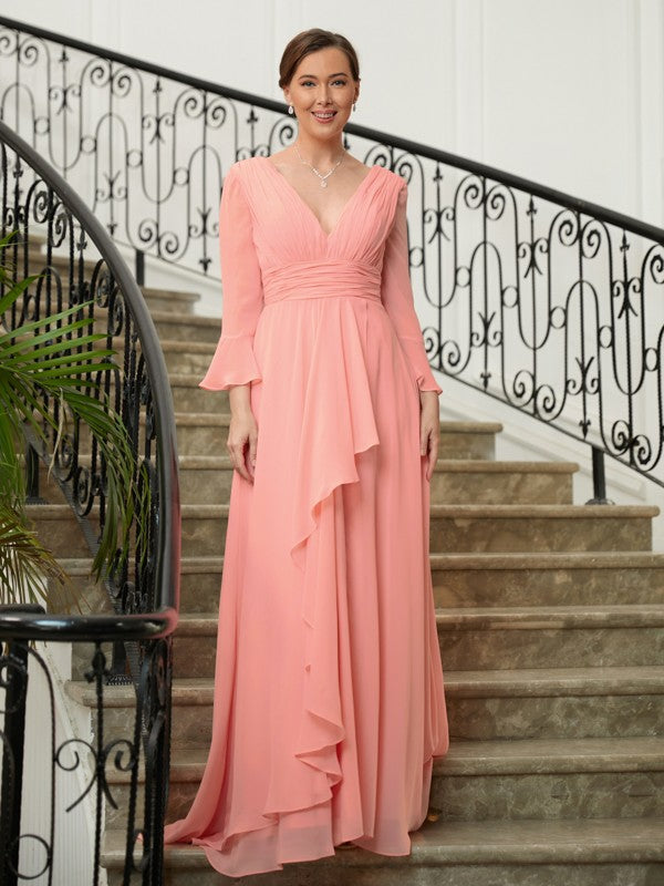 Wholesale A-Line/Princess Chiffon Ruched V-neck Long Sleeves Sweep/Brush Train Mother of the Bride Dresses
