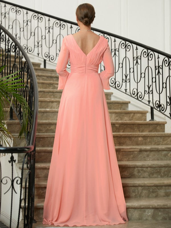 Wholesale A-Line/Princess Chiffon Ruched V-neck Long Sleeves Sweep/Brush Train Mother of the Bride Dresses