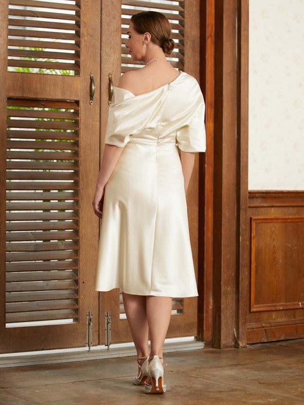Wholesale A-Line/Princess Charmeuse Ruched Off-the-Shoulder 1/2 Sleeves Tea-Length Mother of the Bride Dresses