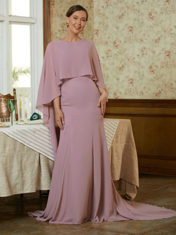 Wholesale Sheath/Column Chiffon Ruffles Scoop Long Sleeves Sweep/Brush Train Mother of the Bride Dresses