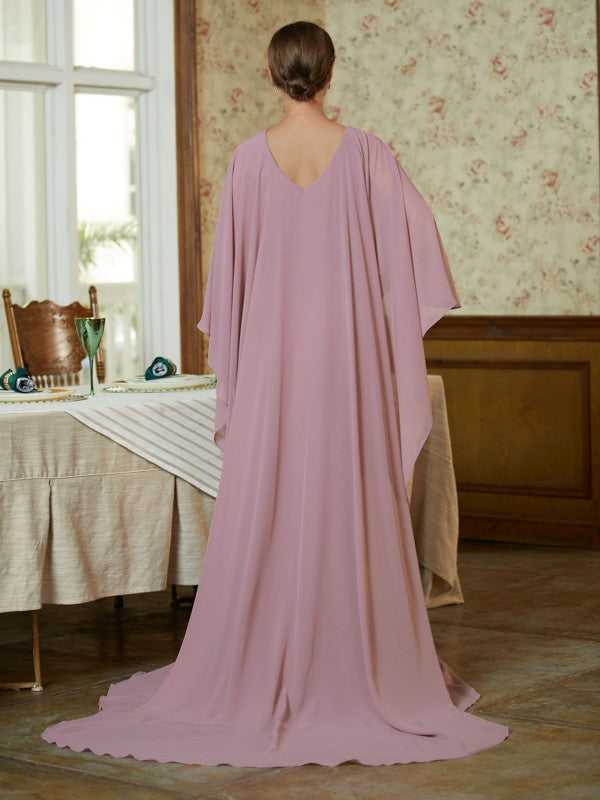 Wholesale Sheath/Column Chiffon Ruffles Scoop Long Sleeves Sweep/Brush Train Mother of the Bride Dresses