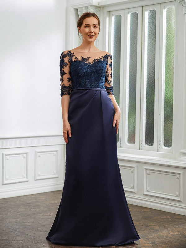 Wholesale Sheath/Column Satin Applique Bateau 1/2 Sleeves Sweep/Brush Train Mother of the Bride Dresses