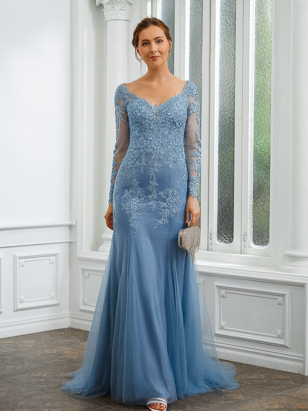 Wholesale Sheath/Column Tulle Applique V-neck Long Sleeves Sweep/Brush Train Mother of the Bride Dresses