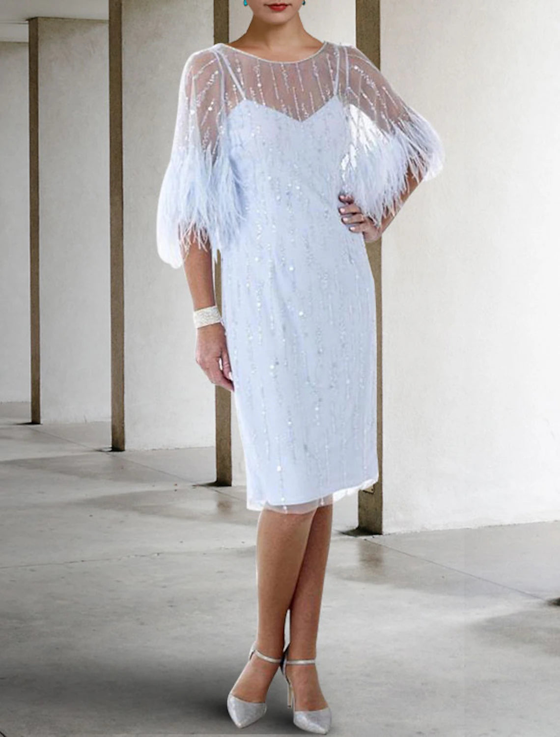 Wholesale  Sheath / Column Mother of the Bride Dress Fall Wedding Guest Sparkle & Shine Elegant Jewel Neck Knee Length Stretch Chiffon Half Sleeve with Feather Beading Sequin