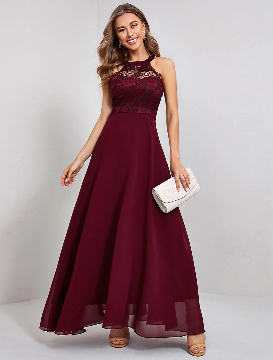 Wholesale A-Line Elegant Vintage Party Wear Formal Evening Dress Jewel Neck Sleeveless Ankle Length Nylon with Lace