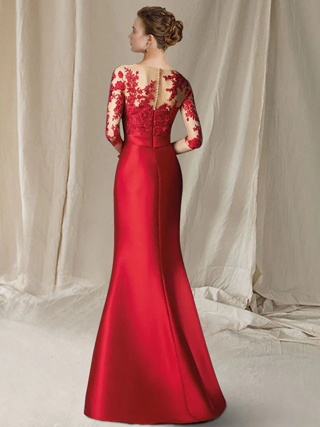 Wholesale Mermaid / Trumpet Mother of the Bride Dress Plus Size Elegant Jewel Neck Floor Length Satin Lace Half Sleeve with Bow(s) Appliques