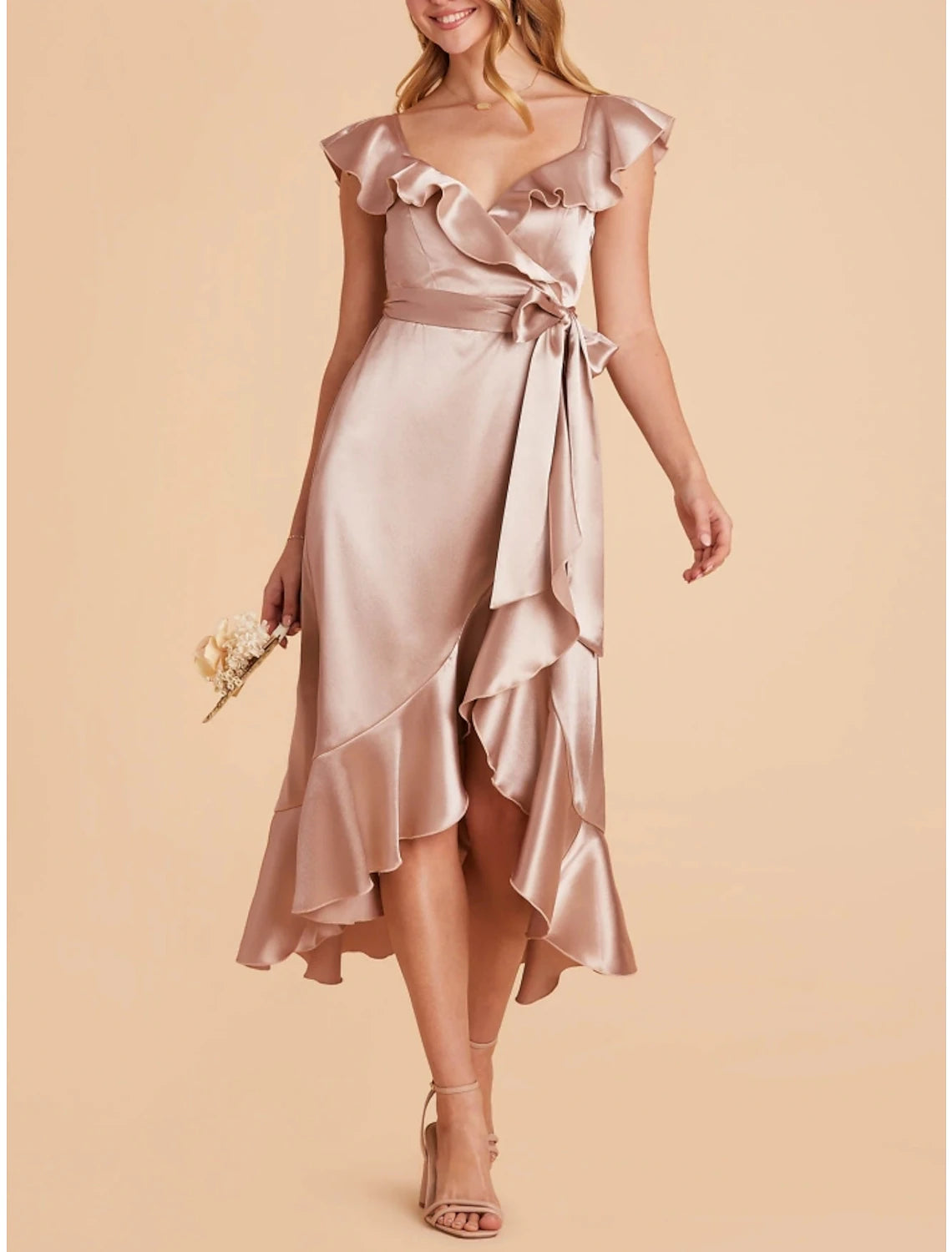 Wholesale A-Line Bridesmaid Dress V Neck Short Sleeve Pink Asymmetrical Stretch Satin with Sash / Ribbon / Ruffles / Split Front