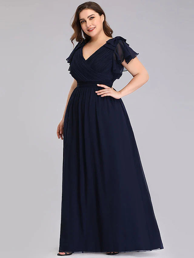 Wholesale A-Line Mother of the Bride Dress Plus Size V Neck Floor Length Chiffon Short Sleeve with Ruffles Ruching