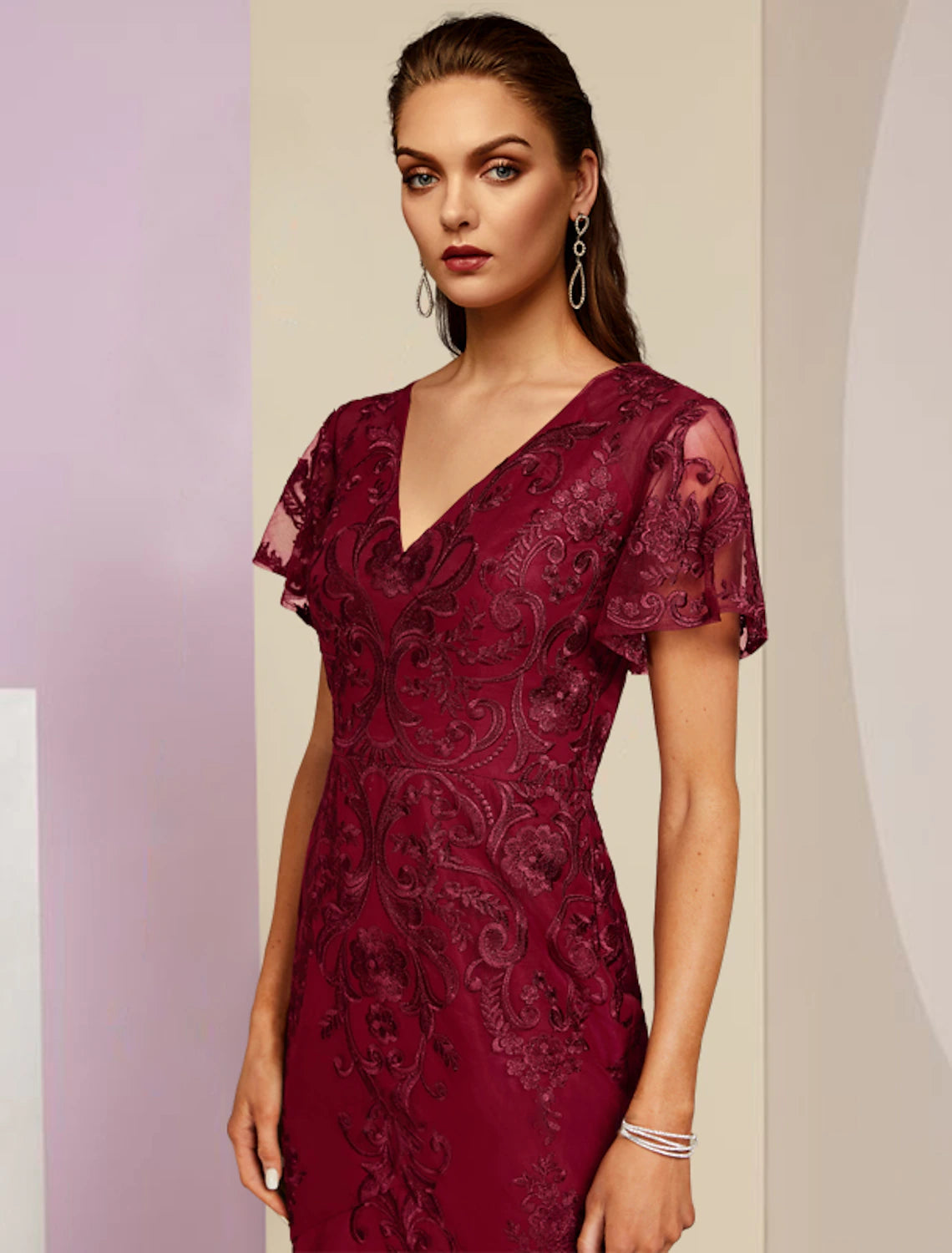 Wholesale  Sheath / Column Mother of the Bride Dress Wedding Guest Party Elegant V Neck Tea Length Lace Short Sleeve with Pleats Solid