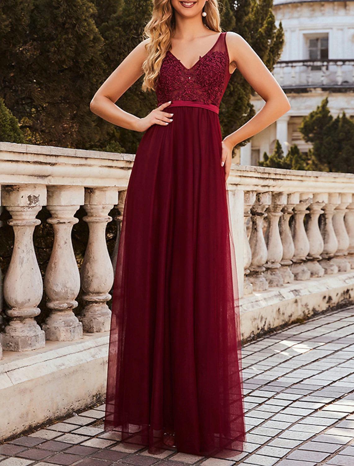 Wholesale  A-Line Empire Holiday Prom Dress V Neck V Back Sleeveless Floor Length Chiffon with Appliques