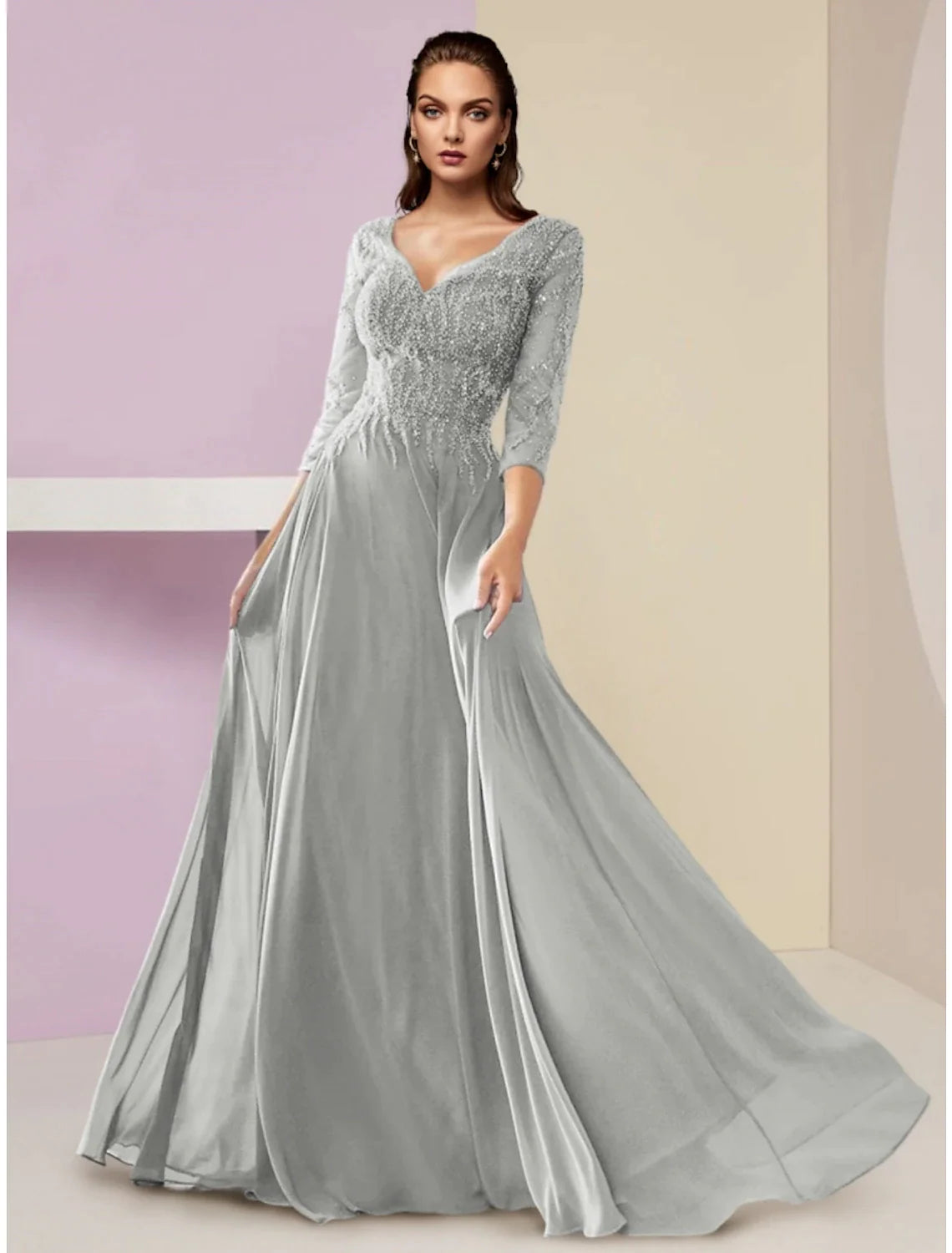 Wholesale A-Line Mother of the Bride Dress Wedding Guest Party Elegant V Neck Floor Length Chiffon 3/4 Length Sleeve with Sequin Ruching
