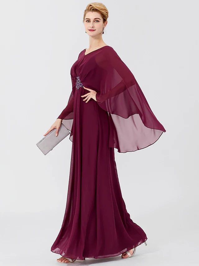 Wholesale Sheath / Column Mother of the Bride Dress Formal Classic & Timeless Elegant & Luxurious Elegant V Neck Floor Length Chiffon Long Sleeve with Pleats Beading