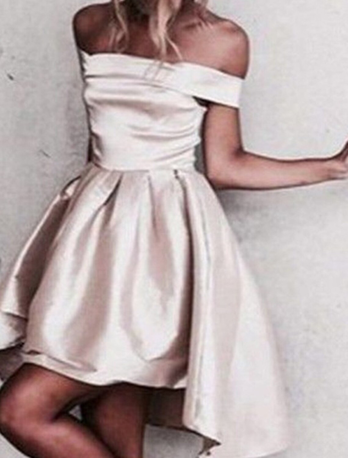 Wholesale A-Line Homecoming Dresses High Low Dress Holiday Cocktail Party Asymmetrical Sleeveless Off Shoulder Satin with Ruched