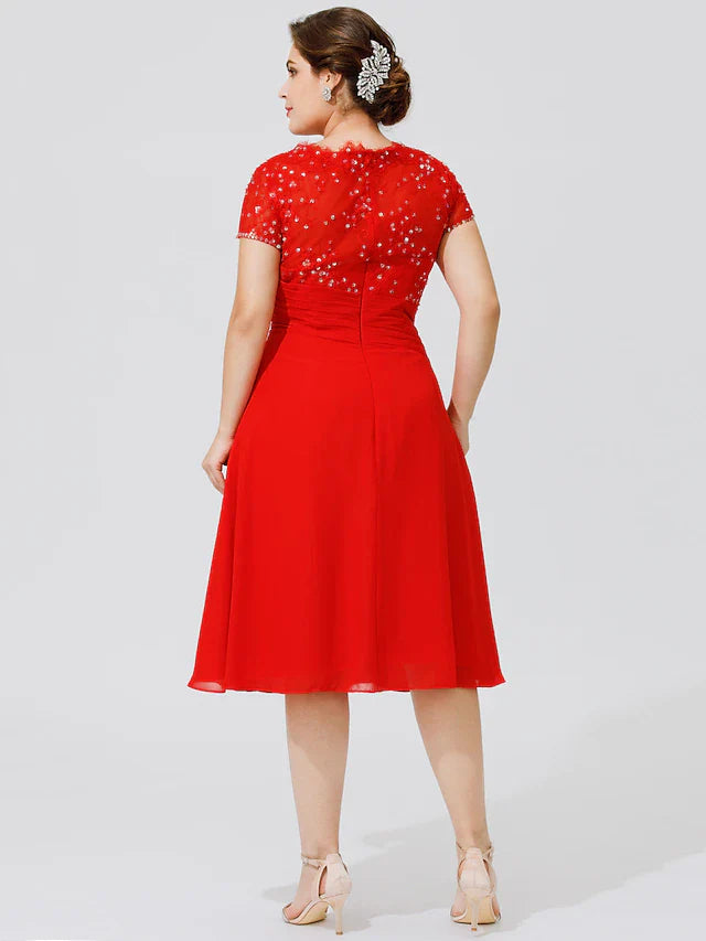 Wholesale A-Line Mother of the Bride Dress Elegant & Luxurious Beautiful Back Plus Size Jewel Neck Knee Length Chiffon Beaded Lace Short Sleeve No with Pleats Beading Flower
