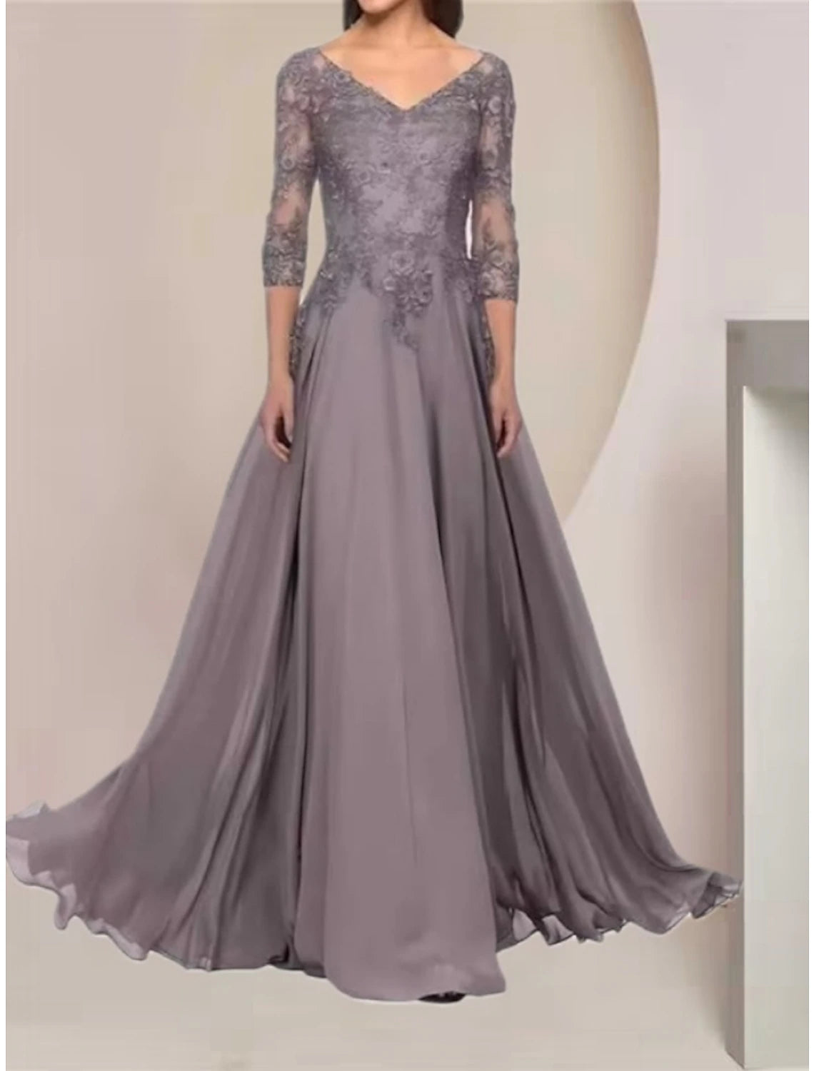 Wholesale A-Line Mother of the Bride Dress Wedding Guest Elegant V Neck Floor Length Chiffon Lace Half Sleeve with Ruching Solid Color