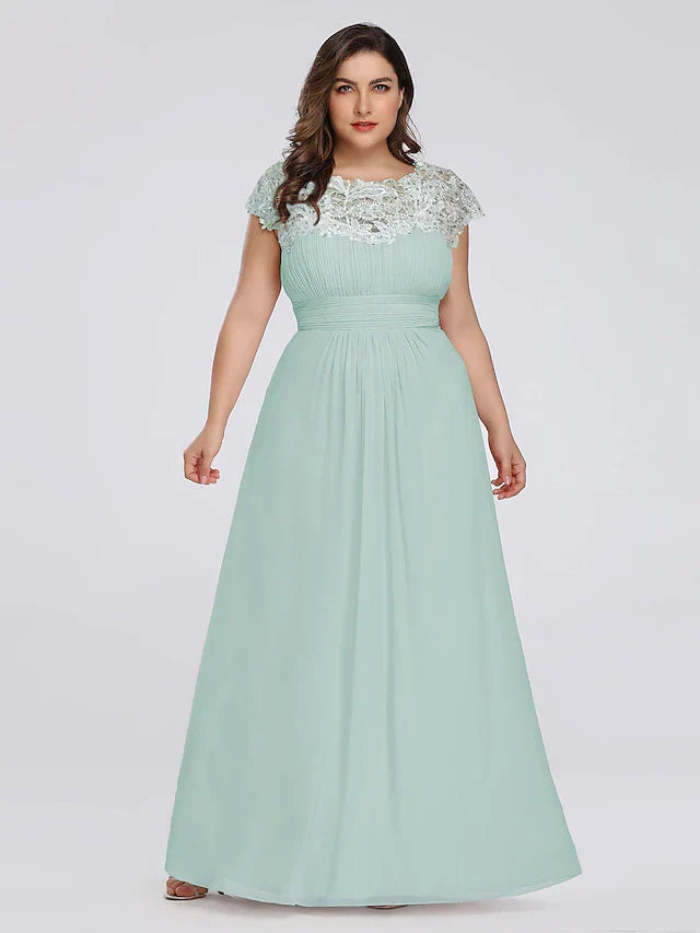 Wholesale A-Line Mother of the Bride Dress Plus Size Jewel Neck Floor Length Chiffon Short Sleeve with Lace Ruching