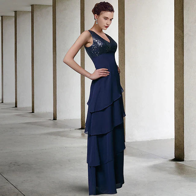 Wholesale A-Line Mother of the Bride Dress Elegant V Neck Floor Length Chiffon Sequined Sleeveless Wrap Included with Sequin Ruffles