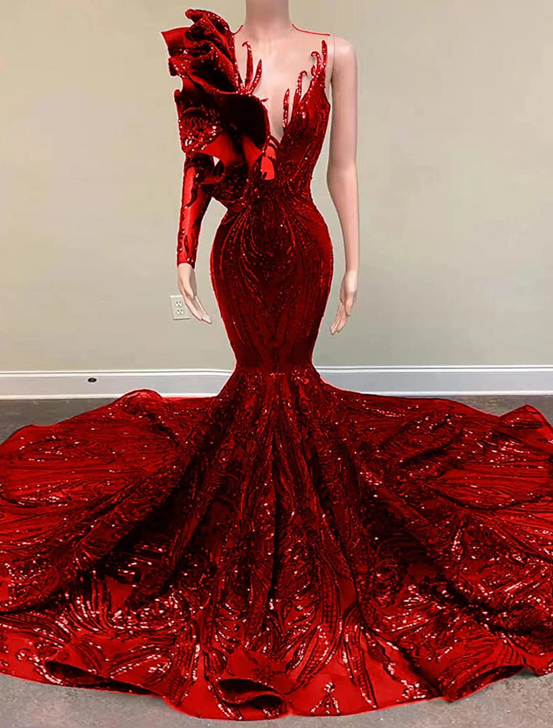 Wholesale Mermaid Party Dress Evening Gown Sparkle Carnival Dress Engagement Formal Evening Court Train Long Sleeve One Shoulder Sequined with Sequin