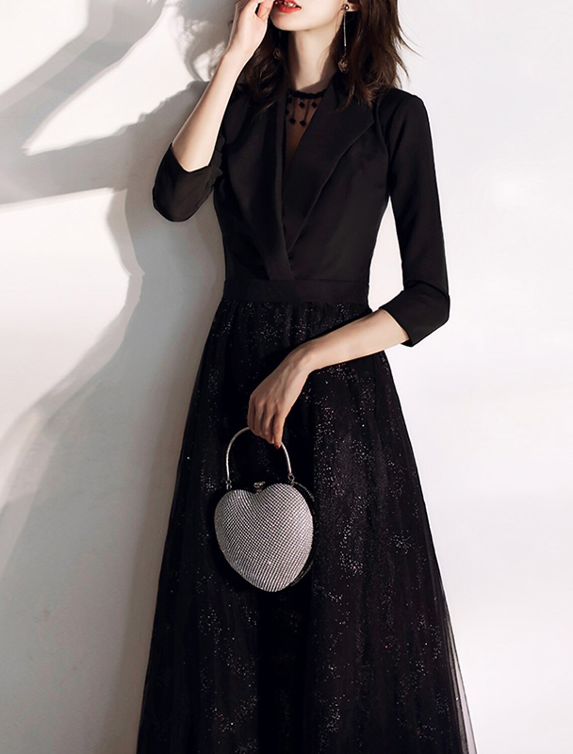 Wholesale A-Line Glittering Elegant Wedding Guest Formal Evening Dress V Neck 3/4 Length Sleeve Floor Length Tulle with Sash / Ribbon Sequin