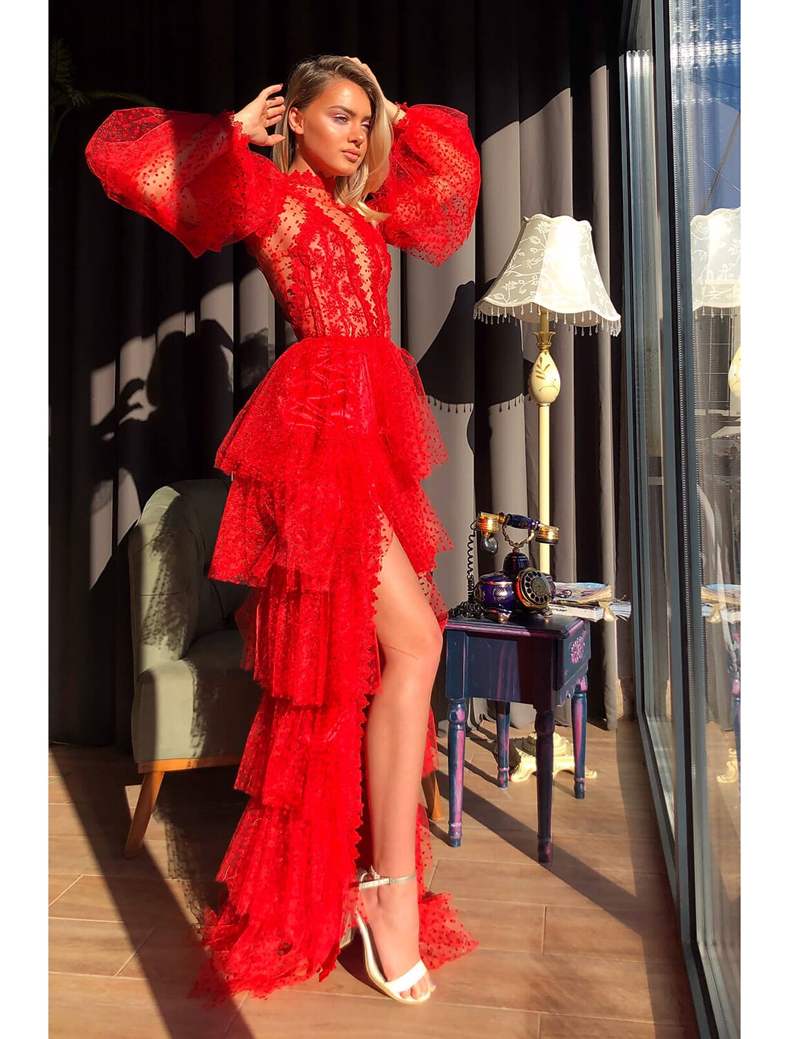 Wholesale Sheath / Column Empire Sexy High Split Party Wear Prom Valentine's Day Dress High Neck Long Sleeve Floor Length Lace