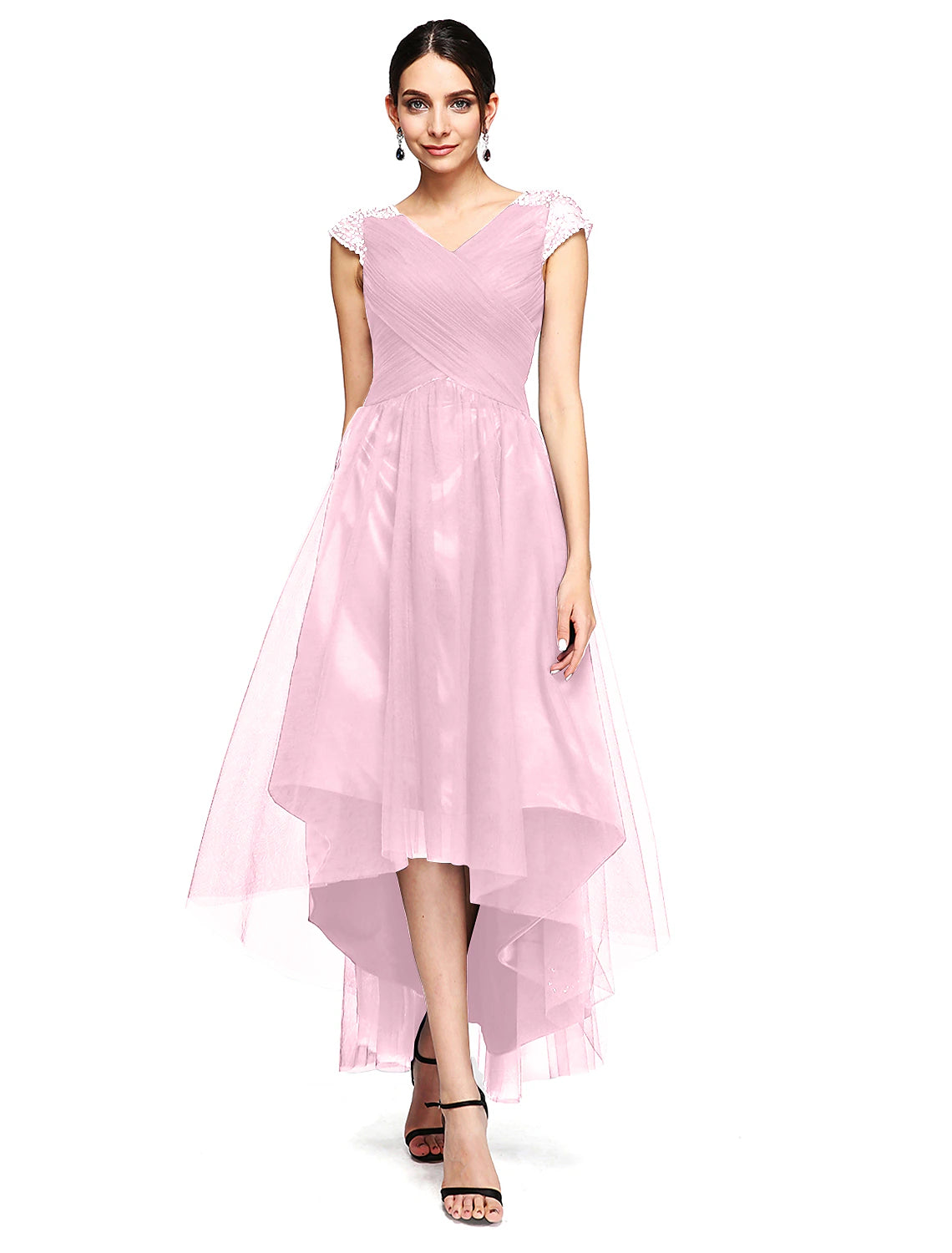 Wholesale  A-Line Special Occasion Dresses Open Back Dress Wedding Guest Prom Asymmetrical Short Sleeve V Neck Tulle with Criss Cross Beading