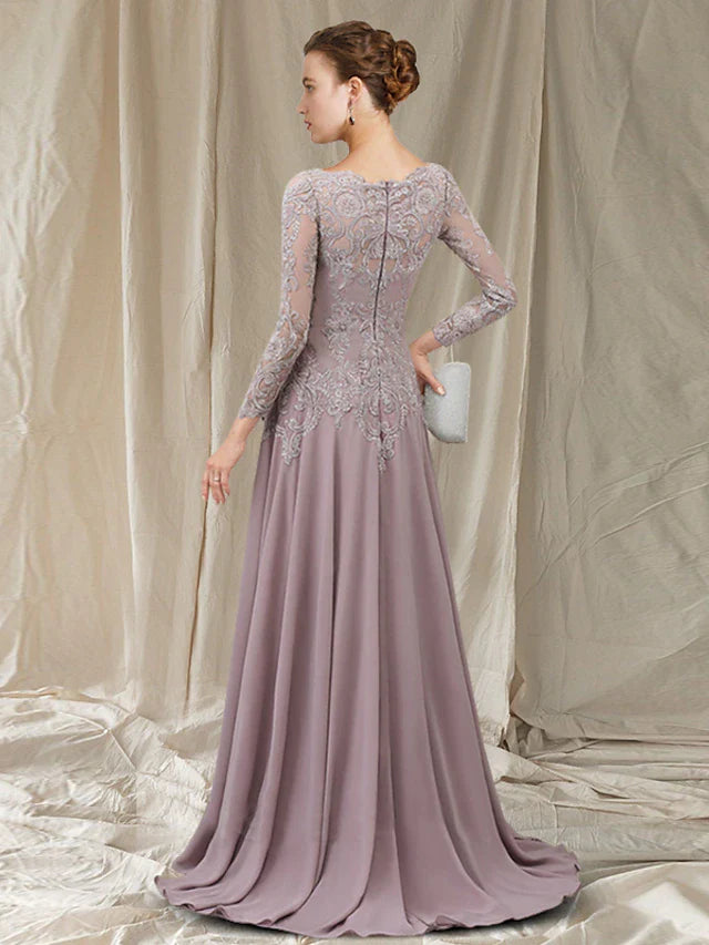 Wholesale A-Line Mother of the Bride Dress Elegant Jewel Neck Sweep / Brush Train Chiffon Lace Long Sleeve with Pleats Appliques