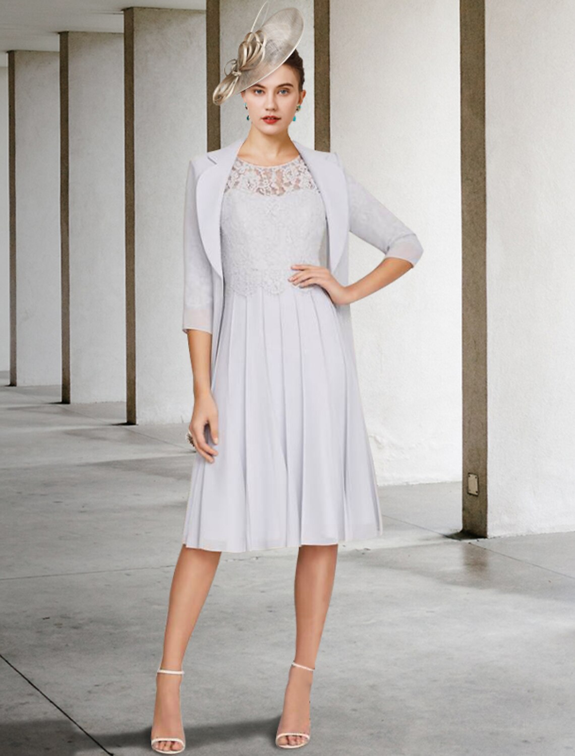 Wholesale  Two Piece A-Line Mother of the Bride Dress Church Elegant V Neck Knee Length Satin Lace Half Sleeve Jacket Dresses with Pleats