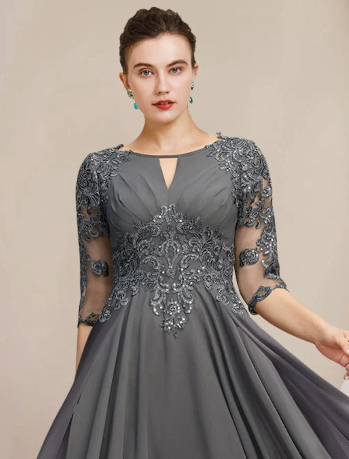 Wholesale A-Line Mother of the Bride Dress Formal Wedding Guest Elegant High Low Scoop Neck Tea Length Chiffon Lace Half Sleeve with Sequin Appliques