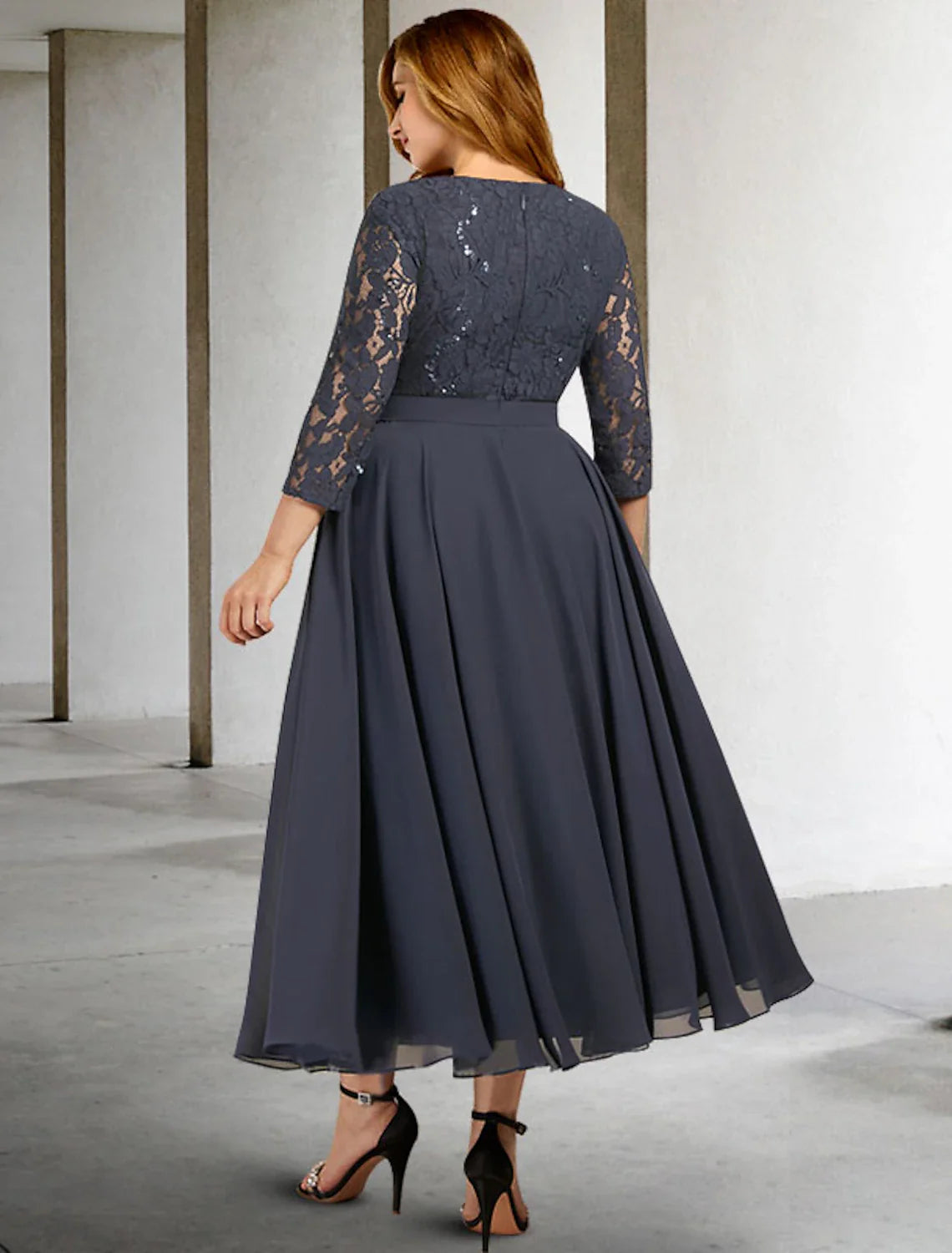 Wholesale A-Line Mother of the Bride Dresses Plus Size Hide Belly Curve Elegant Dress Formal Tea Length 3/4 Length Sleeve Jewel Neck Chiffon with Pleats