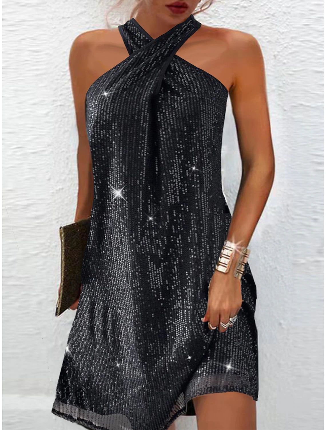 Wholesale Women‘s Little Black Party Dress Plain Sequin Halter Neck Sleeveless Dress Mini Dress Black Fuchsia Summer Spring Fall Wedding Guest Evening Party Summer Dress