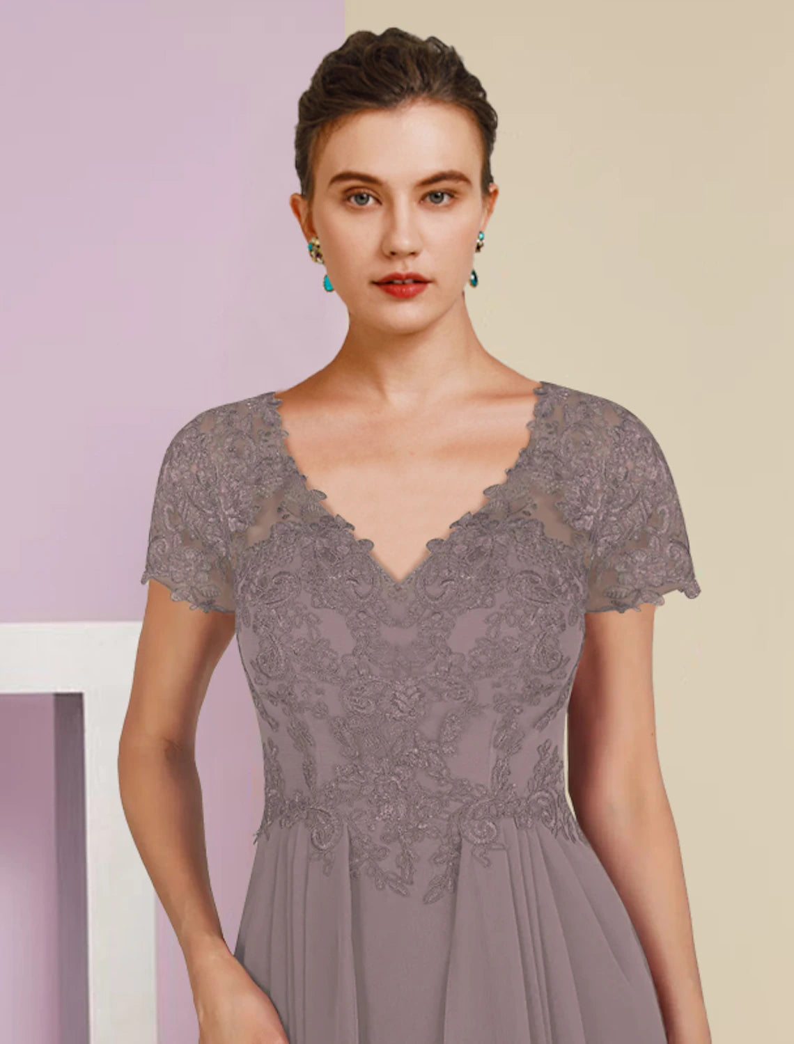 Wholesale  Two Piece A-Line Mother of the Bride Dress Formal Wedding Guest Elegant V Neck Sweep / Brush Train Chiffon Lace Short Sleeve Wrap Included with Appliques