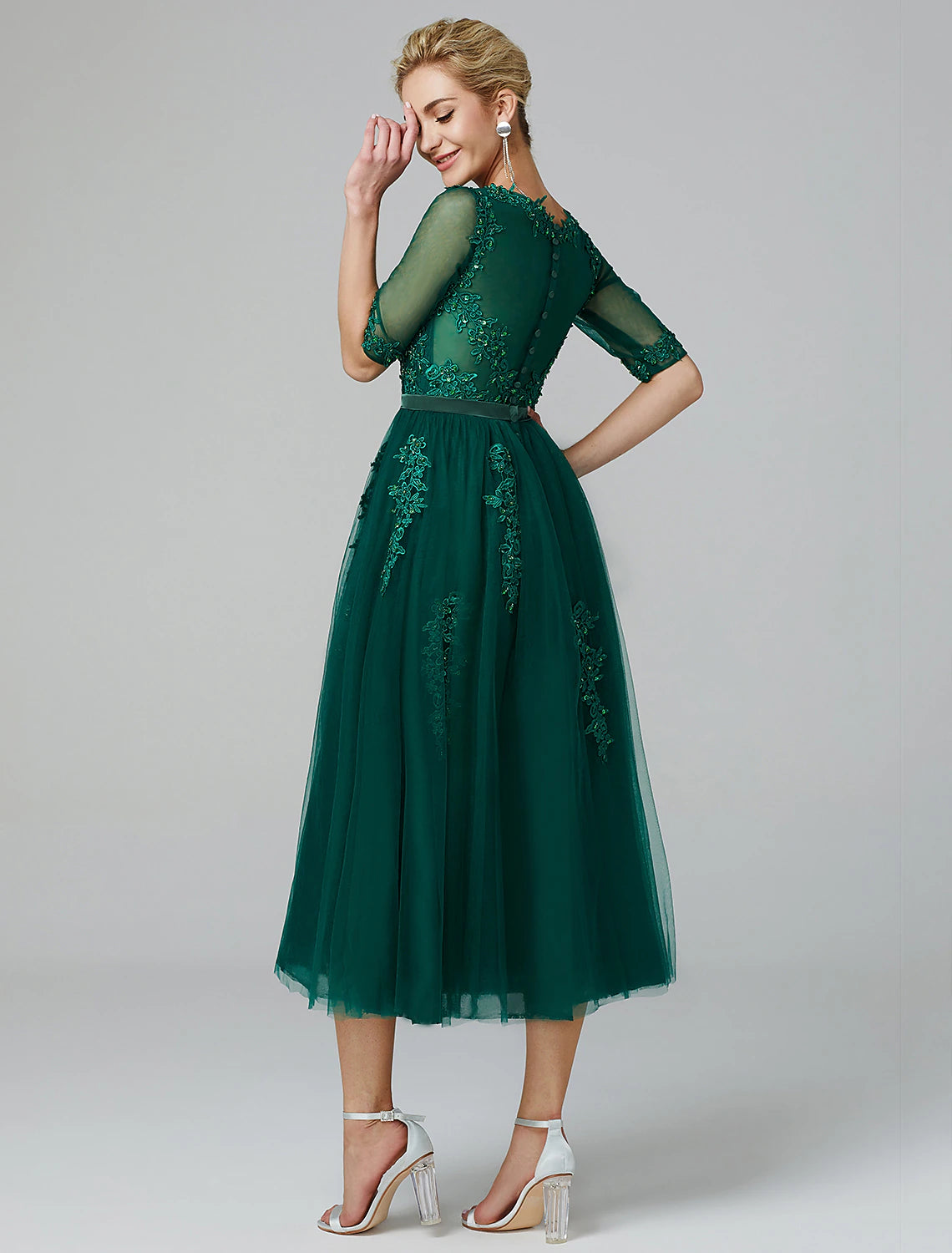 Wholesale A-Line Sparkle Dress Formal Evening Kentucky Derby Tea Length Sleeveless Illusion Neck Fall Wedding Guest Lace Over Tulle with Sequin Appliques