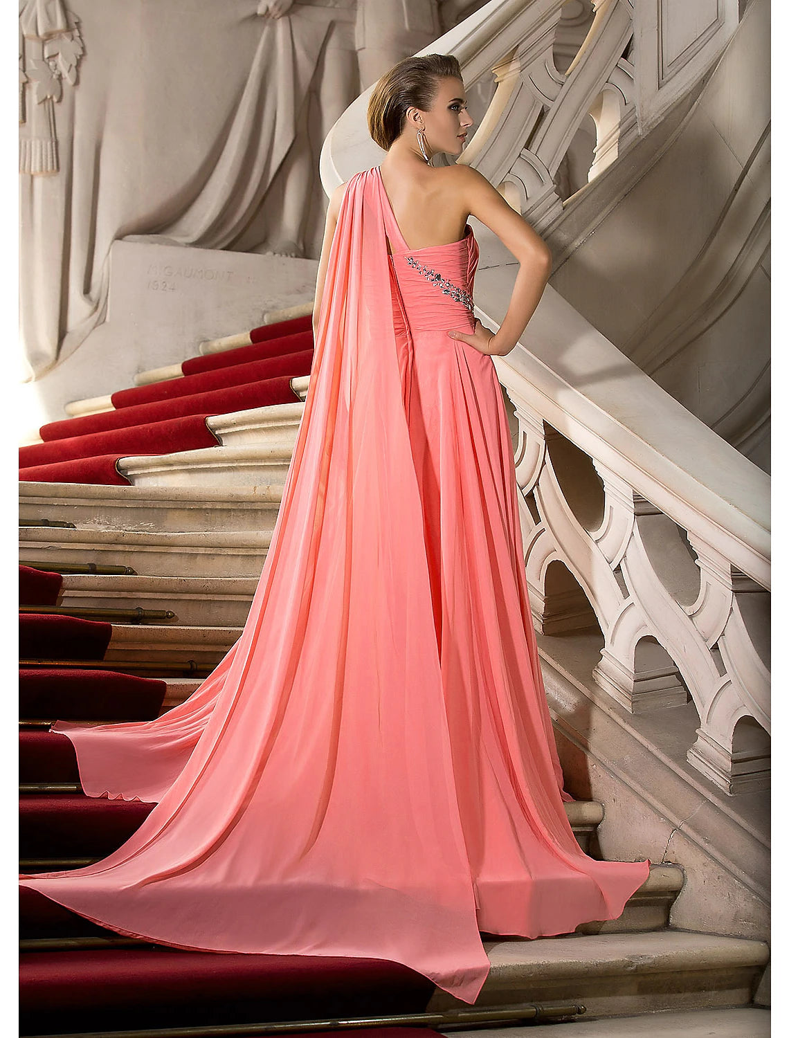 Wholesale  A-Line Elegant Dress Wedding Guest Engagement Court Train Sleeveless One Shoulder Chiffon with Crystals Draping