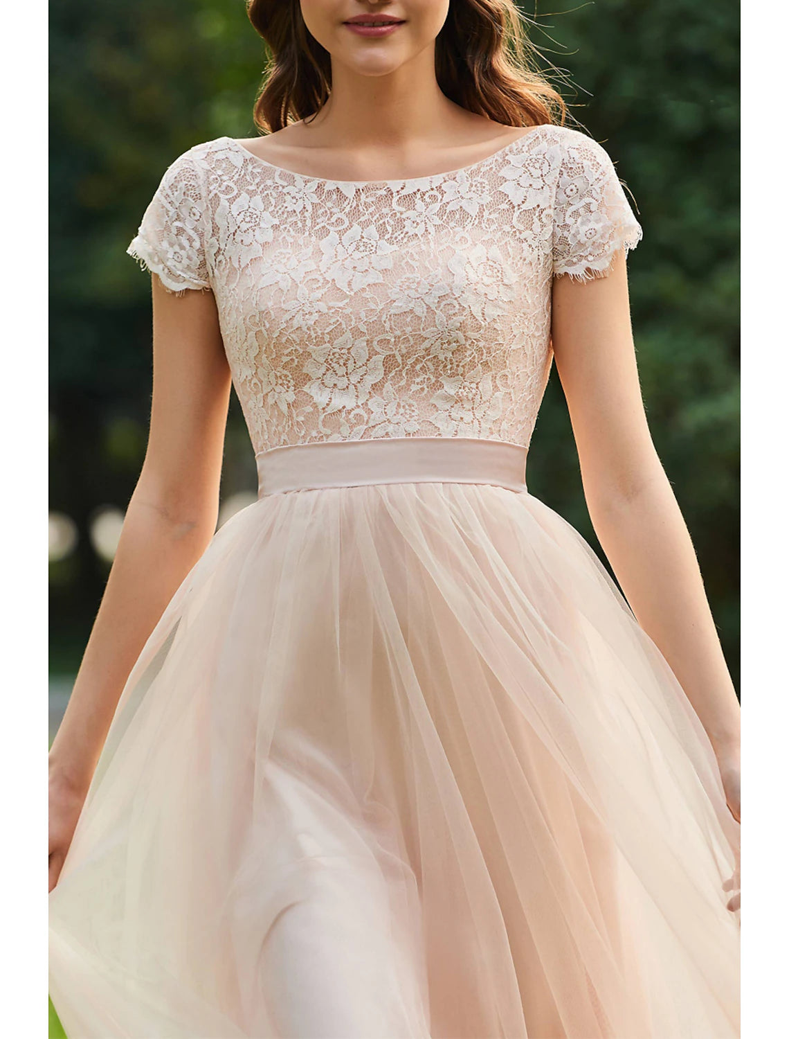 Wholesale A-Line Bridesmaid Dress Jewel Neck Short Sleeve Elegant Floor Length Chiffon / Lace with Lace / Pleats