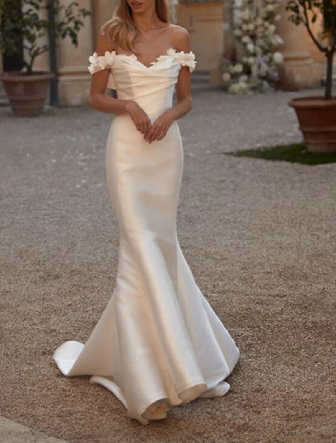 Wholesale Engagement Formal Wedding Dresses Sheath / Column Off Shoulder Cap Sleeve Court Train Satin Bridal Gowns With Ruched Solid Color