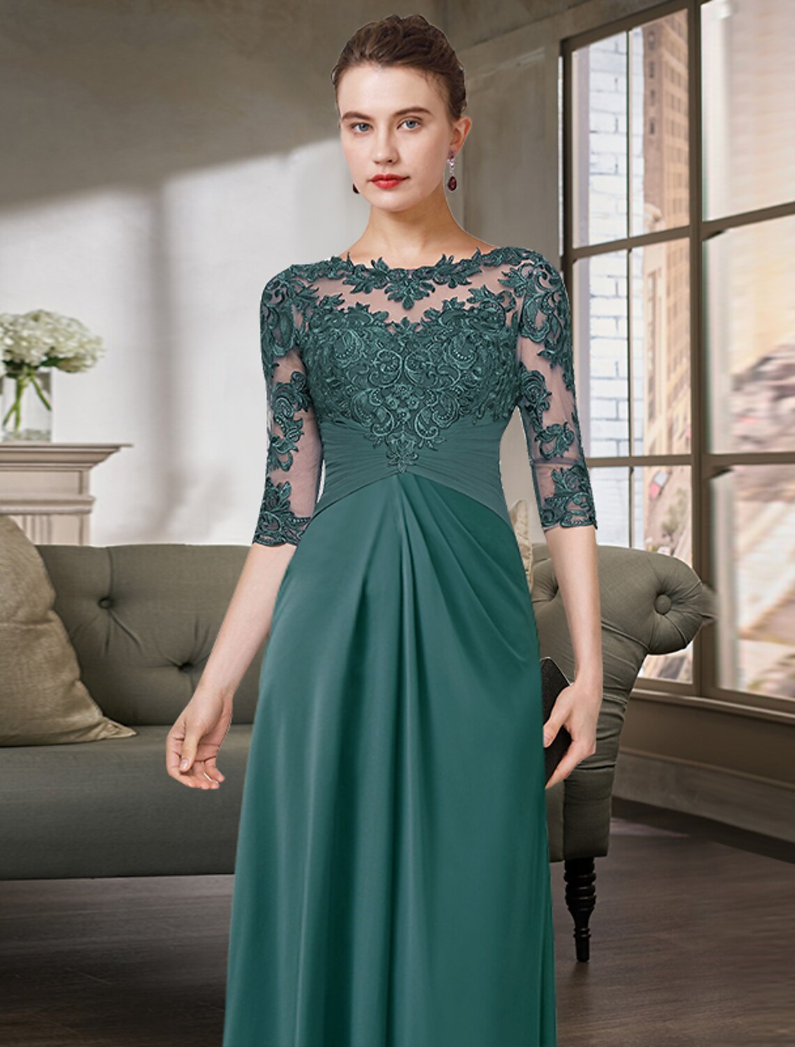 Wholesale  Sheath / Column Mother of the Bride Dress Simple Elegant Jewel Neck Floor Length Chiffon Lace Half Sleeve with Pleats Solid